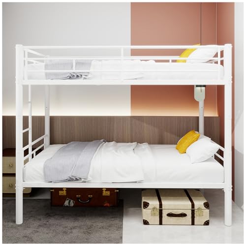 Wyibwy Litera de hierro, 90 x 190 cm, estructura metálica con escalera y barandilla, convertible en dos camas, apta para adolescentes y adultos (sin colchón) (blanco)