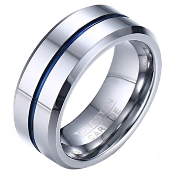 Bague en tungstène argentée et bleue 18 mm robuste