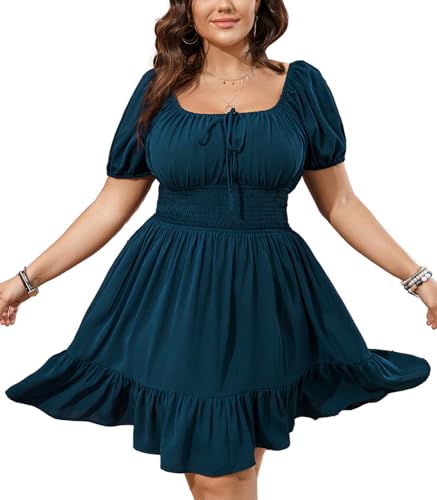 Image of SCOMCHIC Womens Plus Size Mini Dress Square Neck Puff Short Sleeve Casual Summer A Line Boho Cute Spring Short Dresses