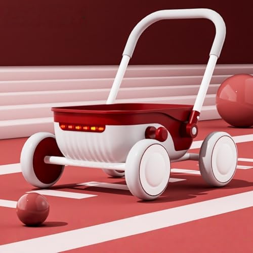 Tyoksi子供用ベビーカー、ベビーウォーカー、多機能、1〜2歳の赤ちゃんへの初めての誕生日プレゼント、歩行補助、幼児用収納玩具、折りたたみ式、安全で安定感があり、大容量収納、静音ホイール、音楽とライト、EVA + ホイールダンピング設計。 (ナイトレッド