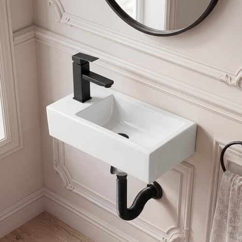 Lavabo rectangular de 10 x 18 pulgadas evita salpicaduras en aseos pequeños con grifo negro 7