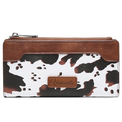 Cow Print Wallets for Women Slim Bifold Credit Card Holder - Card Cases Wallet with Smooth Zipper, Coin Pocket & ID Window - Money Organizer Cash Wallet, Signature Brown