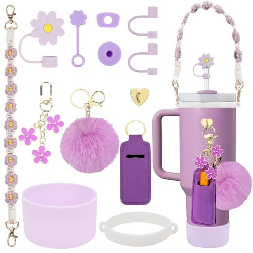3tyto 13 Pcs Stanley Cup Accessories Set Including Water Bottle Handle Strap, Siliocne Stanley Cup Boot, Siliocne Straw Cover, Stanley Charms for Stanley Cup 40oz & 30oz Tumbler (Purple)