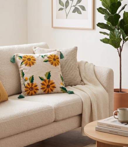 Image of Furnistitchs Handmade Cotton Bohemian Home Decor Cushion Cover 24x24 inches / 60x60 cms - Boho Chic Couch Sofa Throw Living Room Bedroom Cushions (1, Yellow Floral Buds)