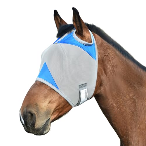 Fornyk Horse Fly Mask Without Ears Writable Name Tag UV Protection Soft Padding Adjustable Hook-and-Loop Strap Ideal for Daily Turnout and Multi-Horse Barns (Blue Large)