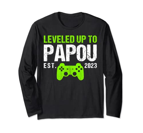 Leveled Up To Papou Est 2023 - Funny New Dad Gamer Vintage Maglia a Manica