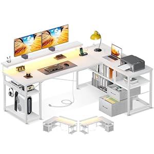 ODK L Shaped Gaming Desk with File Drawers, Reversible Computer Desk with Power Outlets & LED Lights, Home Office Desk with Storage Shelves, 61 Inch Bedroom Corner Desk with Monitor Stand, White