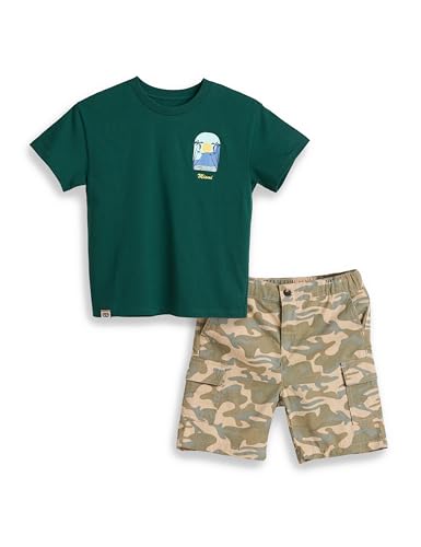 Image of Amazon Brand - Symbol Boy's Graphic Print Oversized Fit T-Shirt and Cargo Shorts (KD-TSB-SS25-10 (6-14 yrs) Green + Khaki Camo 10-12 Y)