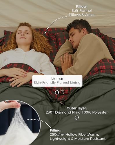 Image of KingCamp Double Sleeping Bag for Adults, Queen Size 2 Person XXL Flannel Sleeping Bag, Waterproof Lightweight Flannel Quilt with 2 Pillows, Perfect for Couples Family Camping Hiking