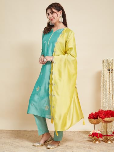 Image of MOKOSH Women's Silk Embroidery Kurta Pant with Dupatta | Kurta Set | Sweetheart Neck | 3 Piece Outfit | 3 /4 Sleeve Ethnic Suit