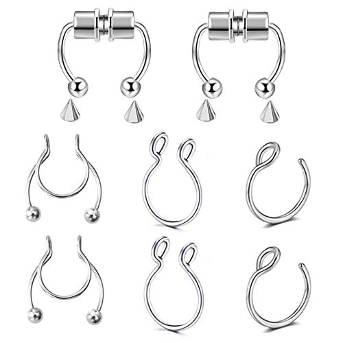 SERYNOW Magnetic Fake Septum Nose Ring Hoop Horseshoe Rings 316L Stainless Steel Faux Nose Rings Non Piercing Clip On Nose Hoop Rings for Women Girls (Silver-8pcs)
