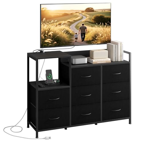 Image of NEWBULIG Media Console Dresser TV Stand for 45 inch with 8 Fabric Drawers & Open Shelves, Wooden Top Entertainment Center with LED Lights & Charging Station for Bedroom, Black