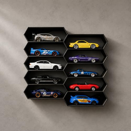 Image of 10-Car Hexagon Wall Display Rack for Hot Wheels & 1:64 Diecast Cars | Stackable Honeycomb Shelf Organizer for Toy Car Collectors & Wall Decor