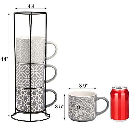 Image of Hiceeden Set of 4 Coffee Mugs with Metal Stand, 15 oz Stackable Espresso Cups Ceramic Coffee Mugs for Cocoa, Latte, Americano, Cappuccinos or Beverages