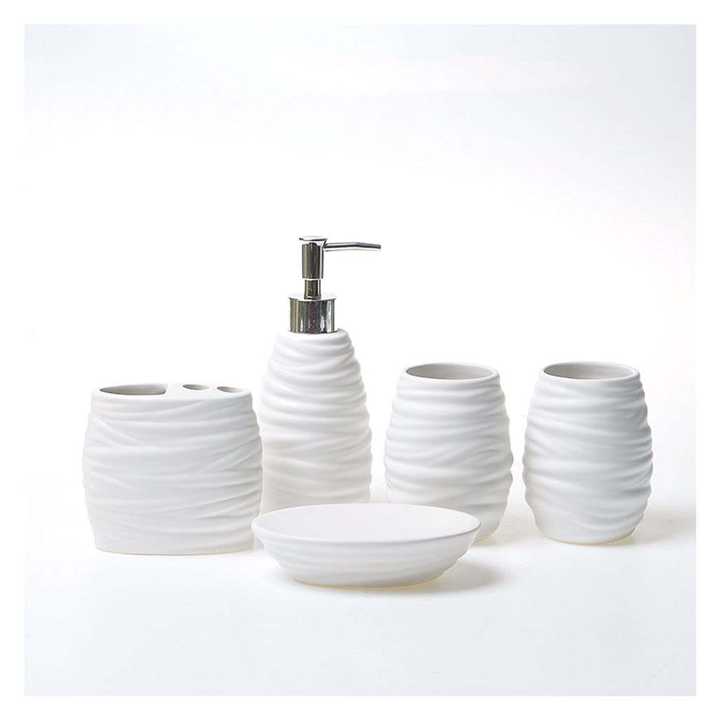 Set di Accessori da Bagno da 5 Pezzi con Dispenser per Doccia, Set Regalo con Dispenser di Sapone, Pompa, portaspazzolino, portasapone e Bicchieri per collutorio, in Ceramica/Bianco.