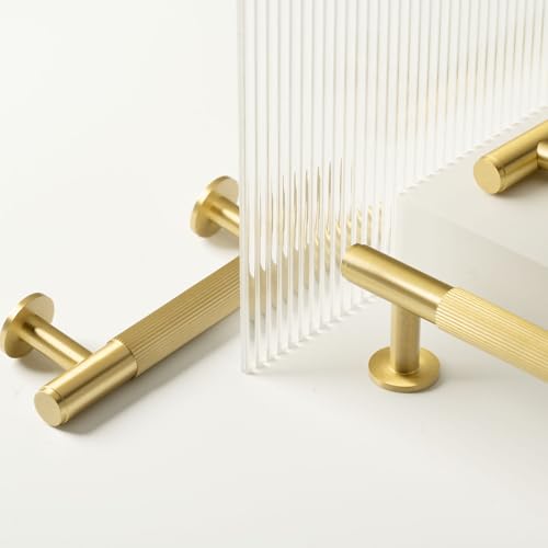 QOGRISUN 5-Pack Solid Brass Cabinet Pulls, Grooved Gold Bar Handles, 6-1/4-Inch Hole Center for Kitchen Drawer Dresser Cupboard, 7.8-Inch Total Length, Brushed Brass Finish – Eleganza by QOGRISUN - Image 6