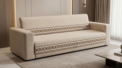 Image of Beige Velvet Sofa Mat, 3+2+2 Set | Full Cover for Seat & Back, Anti-Skid, Machine Washable