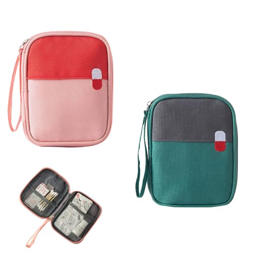 YunBey 2 Piezas Mini Botiquín Viaje Kit Primeros Auxilios Viaje Vacio Bolsa Medicamentos Vacia Portátil para Camping Coche Oficina Viaje (Rojo, Verde)