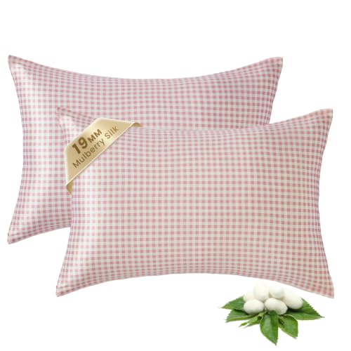 Image of THXSILK Set of 2 Mulberry Silk Pillowcase for Hair and Skin, Cooling Bed Pillow Cover with Hidden Zipper, Soft Smooth Print Silk Pillowcase Gifts for Women Men (King 20 inchx36 inch, Pink Plaid)