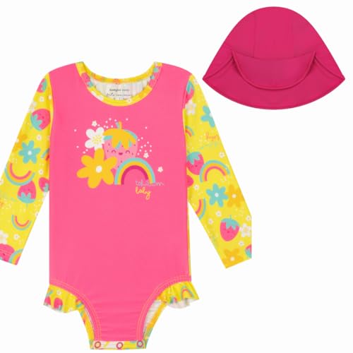 Roupa Proteção Solar Macacão Bebê Menina Praia Piscina + Chapéu com Proteção UV