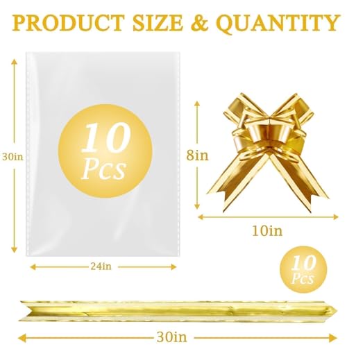 Image of PigPotParty Cellophane Bags for Gift Baskets, 24x30 in, 10 Pack, Gold Bows | Thick clear OPP holds shape; seamless bottom resists tears; easy-to-use large pull bows save time and add a polished finish