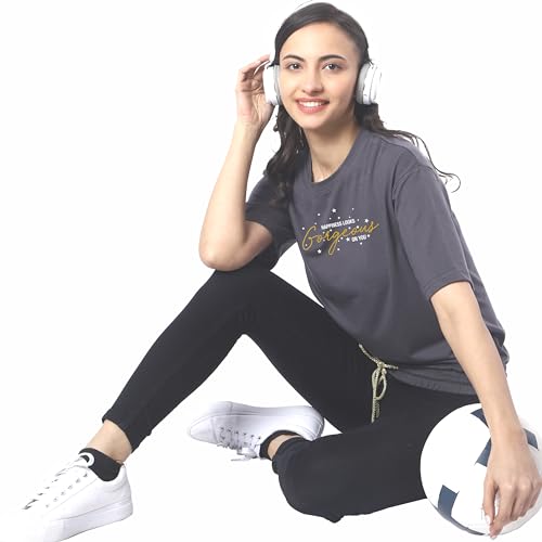 Image of London Hills Women's Cotton Oversized Fit Printed T-Shirt Half Sleeve Oversized t Shirts Drop Shoulder Tshirt