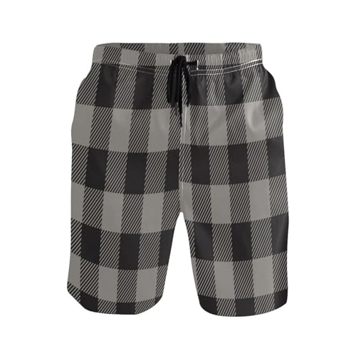 Beach Board Shorts Gray Black Buffalo Check Men's Swim Trunks Swimwear Casual Athletic Sport Short Plaid