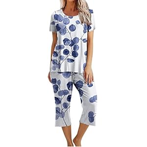 Pyjama Femme Ete Pas Cher Ensemble Pyjama 2 Pièces pour Femme Pyjama Top À Manches Courtes Et 3/4 Pantacourt 3/4 Chic Elegant Fluide Vêtement De Nuit Idéal pour Printemps-Été Grande Taille Sleepwear