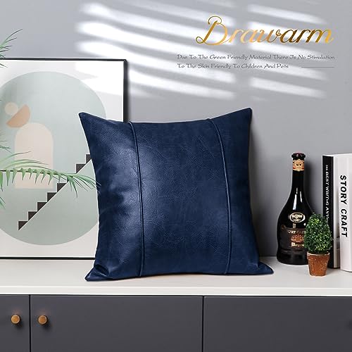 Image of BRAWARM Navy Blue Leather Throw Pillow Covers 20 X 20 Inches - Faux Leather Pillow Cover with Piping, Hand Stitched Leather Throw Pillow for Couch Sofa Bed Living Room Home Decorative