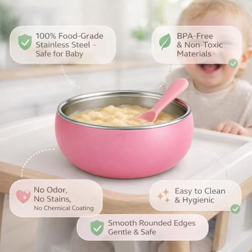 Image of Premium Stainless Steel Baby Feeding Bowl with Soft Silicone Cover | Non-Slip Grip, BPA Free & Food-Grade | Safe Feeding Bowl for Infants & Toddlers | Durable, Easy to Clean (Coral Pink)