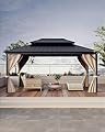 GarveeLife Hardtop Gazebo 12 ft x16 ft for All Weather, with Double Metal Roof, Aluminum Alloy Frame, Net, and Curtain, Permanent Building for Patio, Deck, Backyard, Lawn, and Garden
