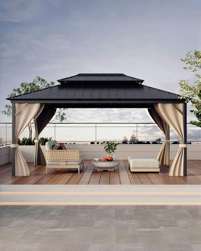 Hardtop Gazebo 12'x16' for All Weather, with Double Metal Roof, Aluminum Alloy Frame, Net, and Curtain, Permanent Building for Patio, Deck, Backyard, Lawn, and Garden, Khaki