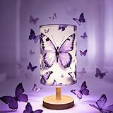 OEWWSKK Butterfly Lamp Purple Desk for Kids Lamp,3 Colors Nightstand Light Lamp, Round Wood Base Flaxen Fabric Desk Lamp, Butterfly Light Gift for Gir (LED Bulb Included) (Butterfly)
