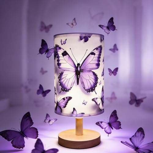 OEWWSKK Butterfly Lamp Purple Desk for Kids Lamp 3 Colors Nightstand Light Lamp Round Wood Base Flaxen Fabric Desk Lamp Butterfly Light Gift for Gir (LED Bulb Included) (Butterfly)
