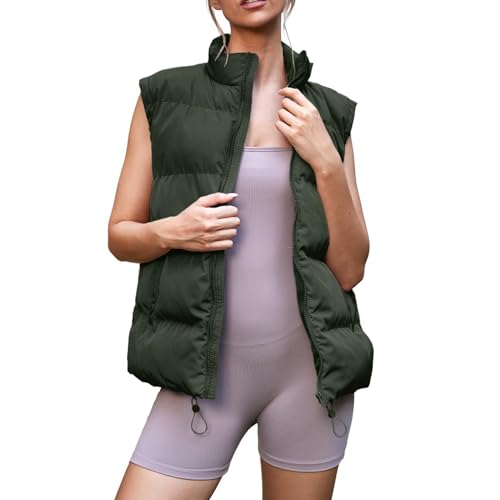 Image of LABULADUO Puffer Vest Women Sleeveless Zip Up Outerwear Warm Lightweight Stand Collar Down Padded Jacket Coat Puffy Vest, Green 2, S