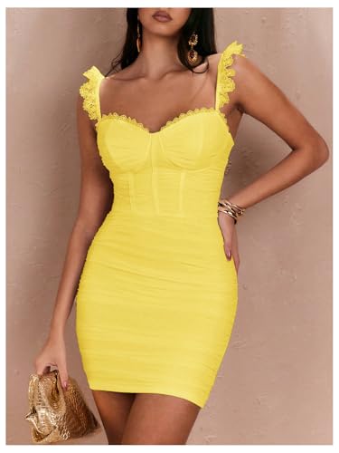 Image of Floerns Women's Lace Trim Sweetheart Neck Ruched Corset Dress Sleeveless Mini Pencil Dresses