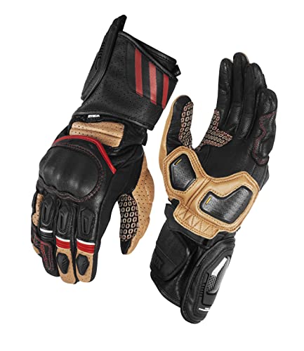 Image of Rynox Storm Evo 3 Gloves - CE Certified Full Gauntlet Motorcycle Riding Leather Gloves | Impact Protection | Scaphoid Protection | Abrasion Resistance - Sand Brown Black | Medium