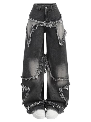 Y2K Baggy Jeans for Women Girls Star Patchwork Wide Leg Raw Hem Denim Pants Hip Hop Streetwear Preppy Clothes