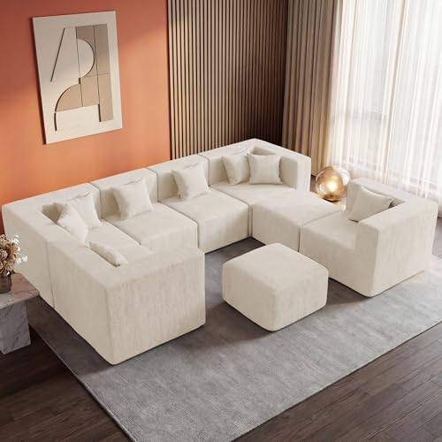 Image of MONVANE Modular Sectional Sofa, Oversized 8 Seat Convertible U Shaped Couch with Ottoman, Comfy Chenille Cloud Couch with Deep Seat, Sectional Couches for Living Room, No Assembly Required, Beige