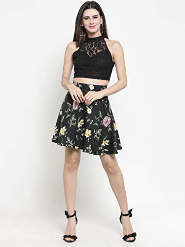 Image of Sera Women's Floral Print Black Viscose Rayon A-Line Casual Mini Skirt