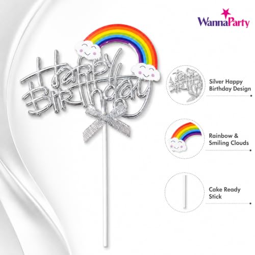 Image of Wanna Party Happy Birthday Rainbow Cake Topper, Silver Script Design with Cloud Rainbow & Bow, Birthday Cake Decoration Pick for Kids, Adults, Party Cakes & Dessert Table - 1PC