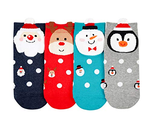 Christmas Theme Ankle Socks, Xmas Socks Set for Women & Teenager Girls, Combed Cotton 75% - Made in Korea (Santa & Friend, 4)