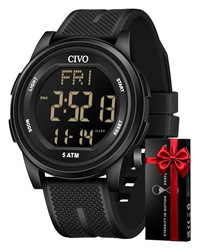 CIVO Sports Digital Mens Watches: Black Waterproof Silicone