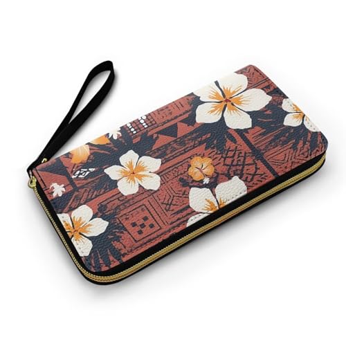 Hawaii Totem Flowers PU Leather Ladies Wallet Wristlet, Tropical Hawaiian Tiki Art Zip Around Wallets for Women, Brown Large Capacity Card Holder Organizer2