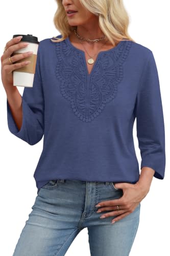 Image of WIHOLL 3 /4 Length Sleeve Womens Tops Boho V Neck Lace Shirt Trendy Blouses Dressy Casual Vacation Clothes S-3XL