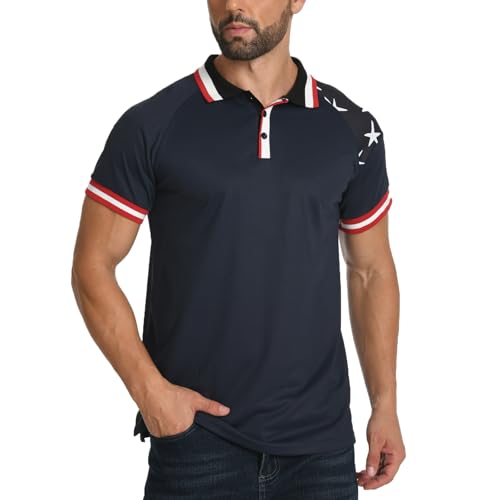 H HYFOL Short Sleeve Polo Shirts for Men Star Patchwork Graphic Stretch Casual American Patriotic Raglan Golf Polos for Men2