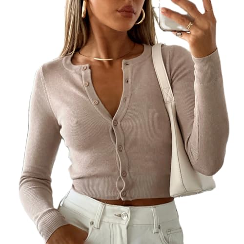 Giraropa Women's 2024 Cropped Cardigan Long Sleeve Button Down Lightweight Shrug Ribbed Knit Sweater Tops