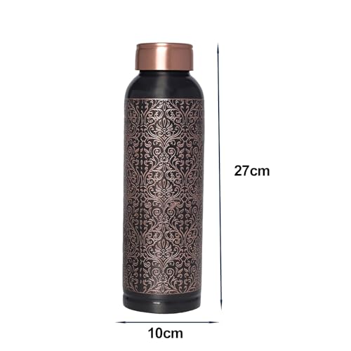 Premium Copper Carving Water Bottle With Black Antique Design Glossy Finish 1000Ml Joint Free And Leak Proof Bottle For Ayurvedic Health Benefits Yoga (Copper)