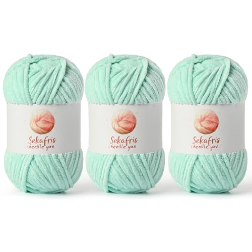 Image of Chenille Yarn for Crocheting, Size 5 Bulky,3 Mint Green | 300g /393yds Soft Chunky Velvet Yarn for Crochet and Knitting,Fluffy Baby Yarn for Amigurumi,Blankets and DIY Crafts.