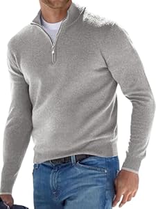 Rayson Pull Homme Pullover avec Col Zippé Pulls Basique Slim Fit Casual en Maille Pullover Léger et Fin Adapté à L'automne et à l'hiver Gris Clair M